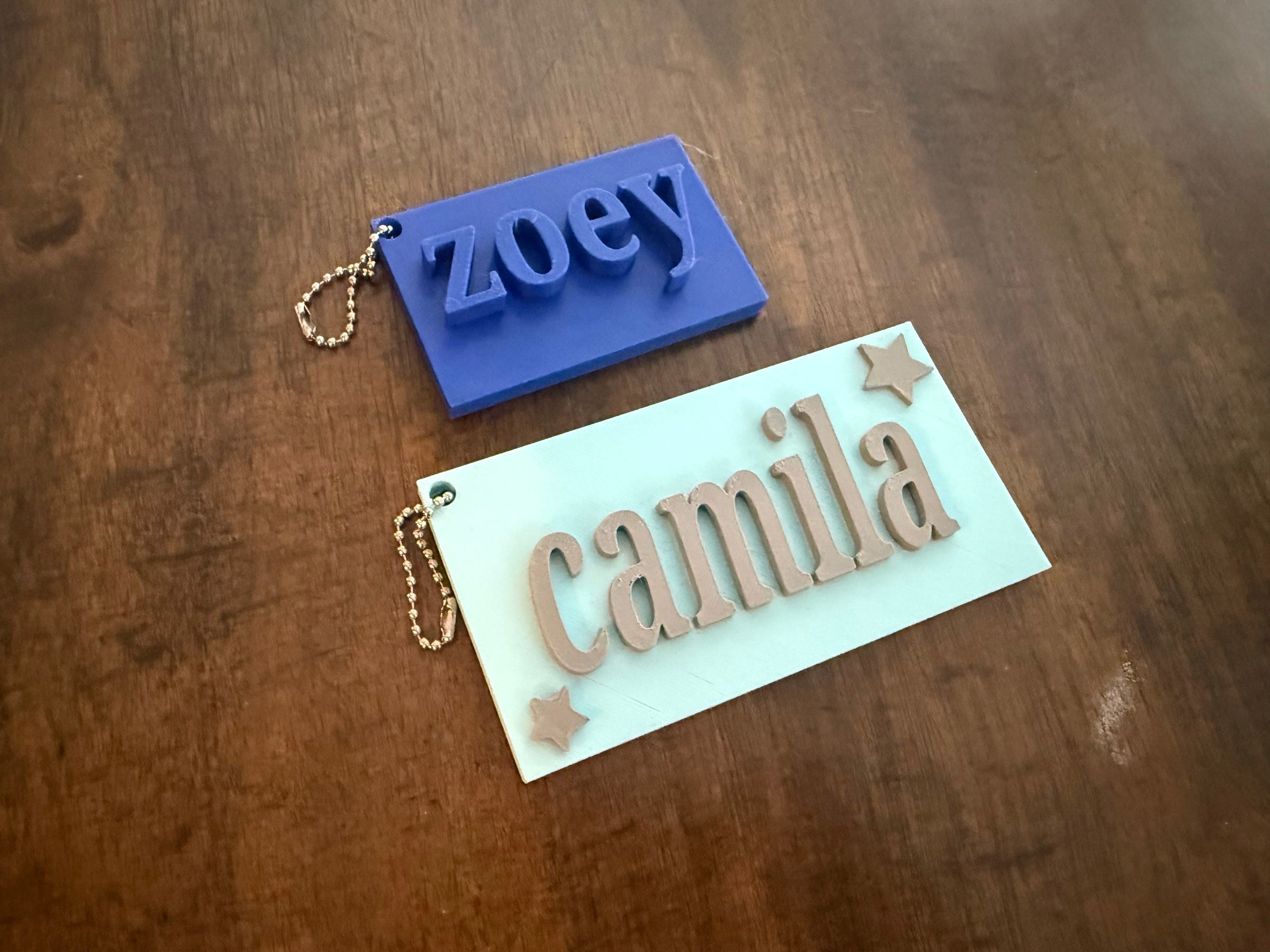 Completed keychains organized for pickup