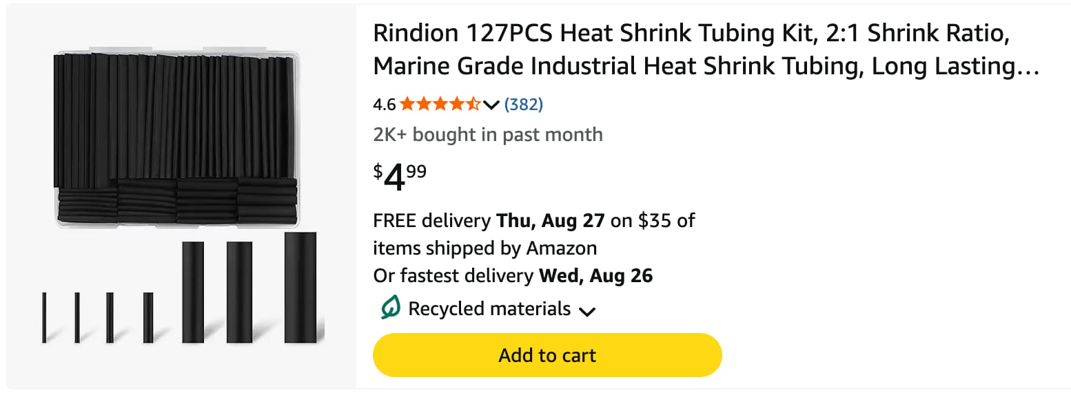 Amazon listing for a heat-shrink tubing kit