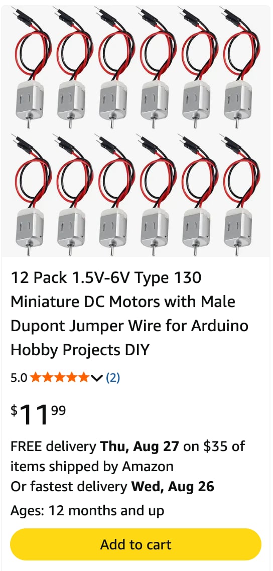 Amazon listing for a 12-pack of Type 130 DC motors