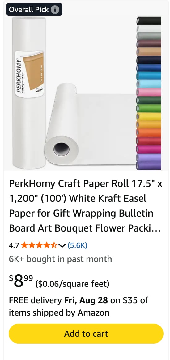 Amazon listing for a white craft-paper roll