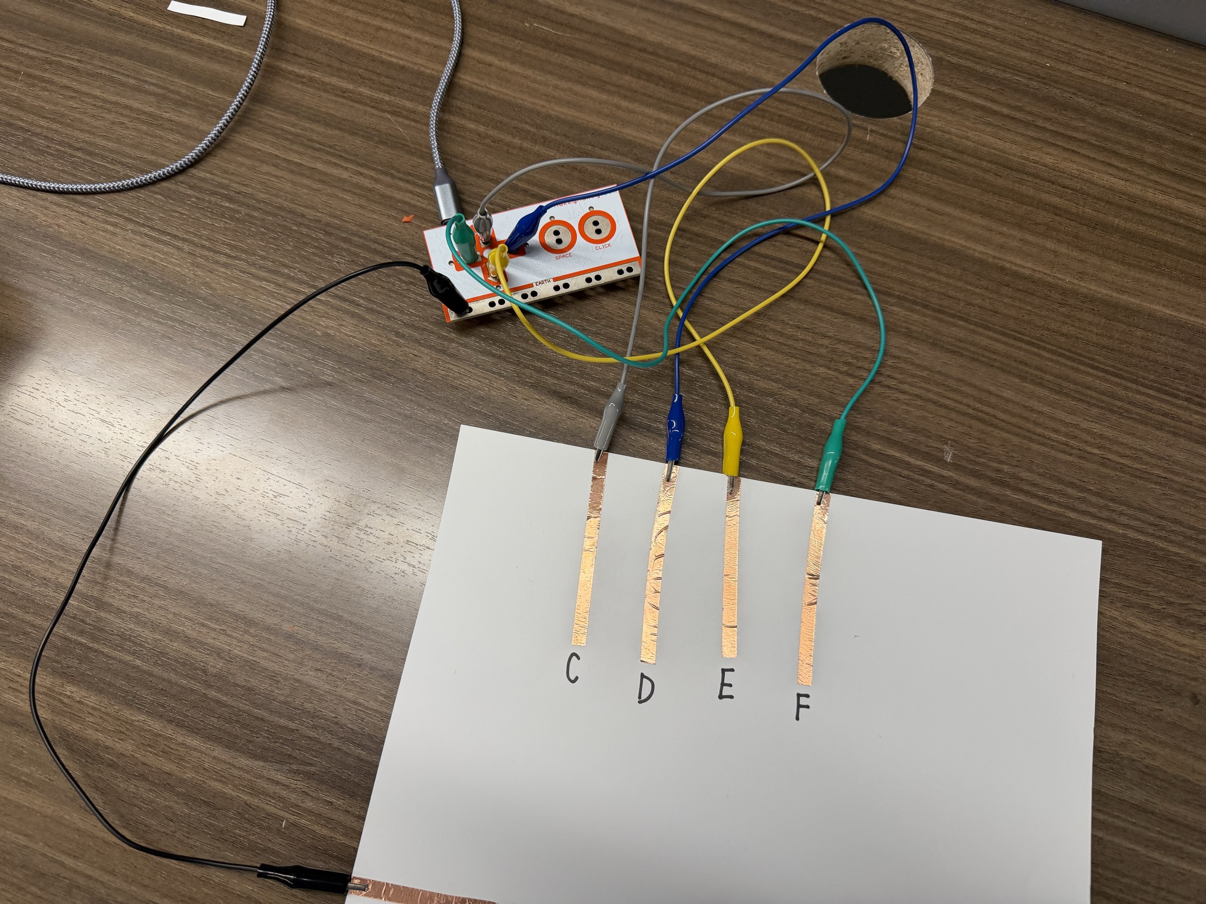 Paper piano wired to a Makey Makey with alligator clips