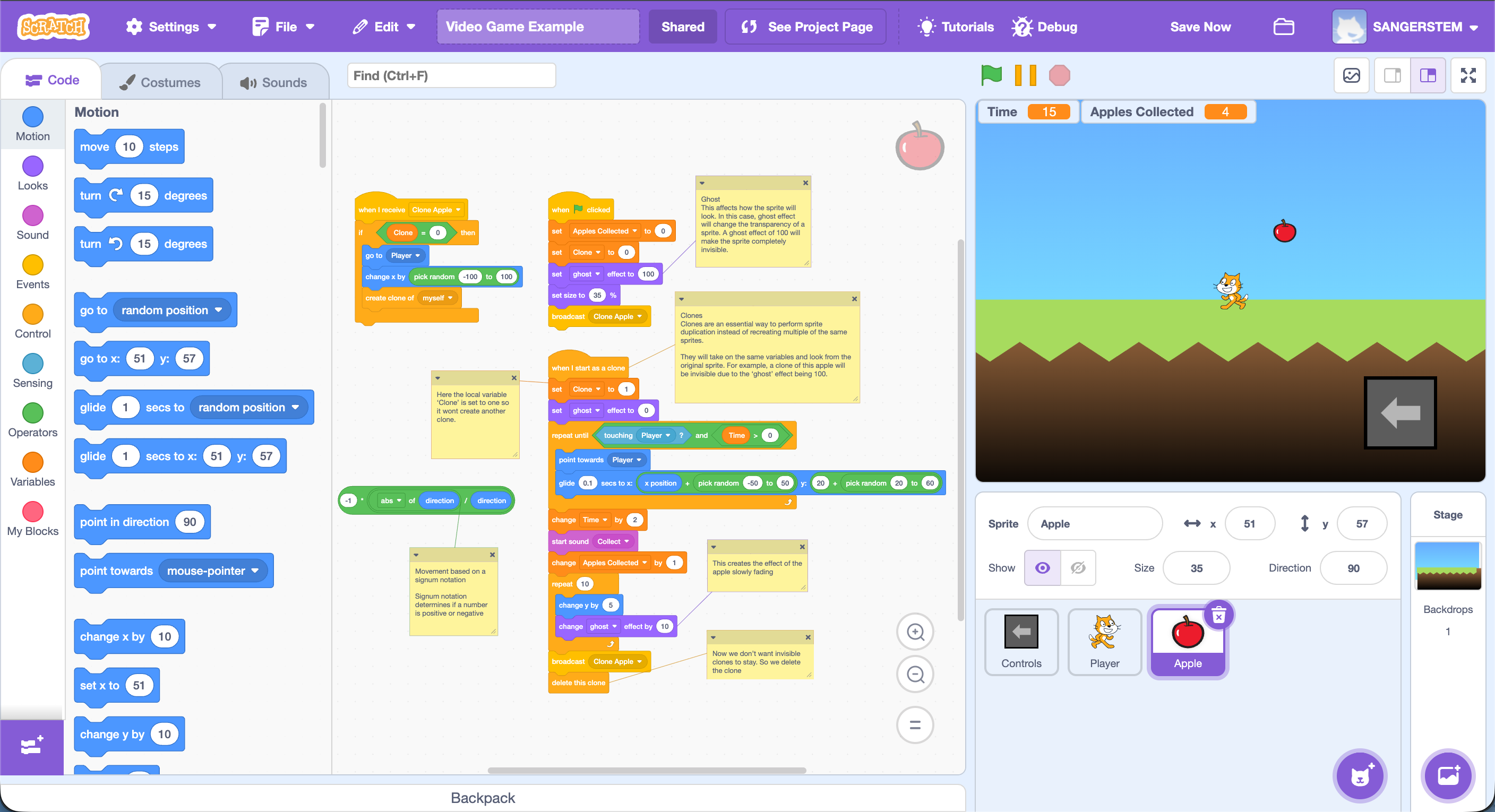 Scratch code for creating, moving, collecting, and replacing apple clones