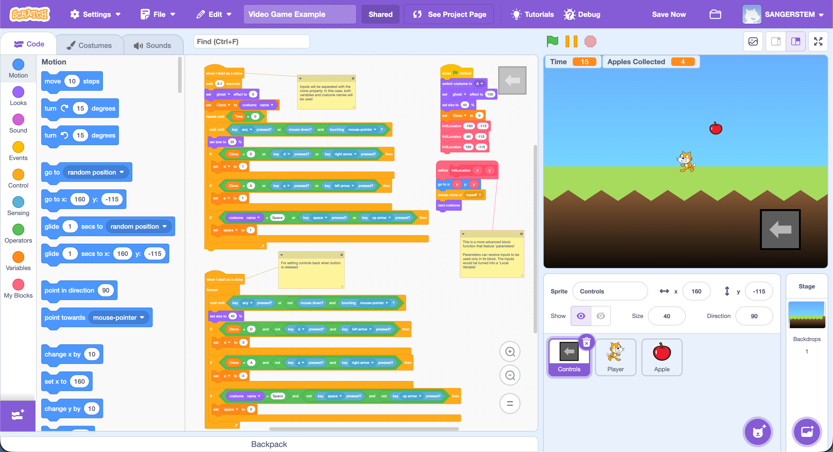 Scratch code for cloned left, right, and jump controls