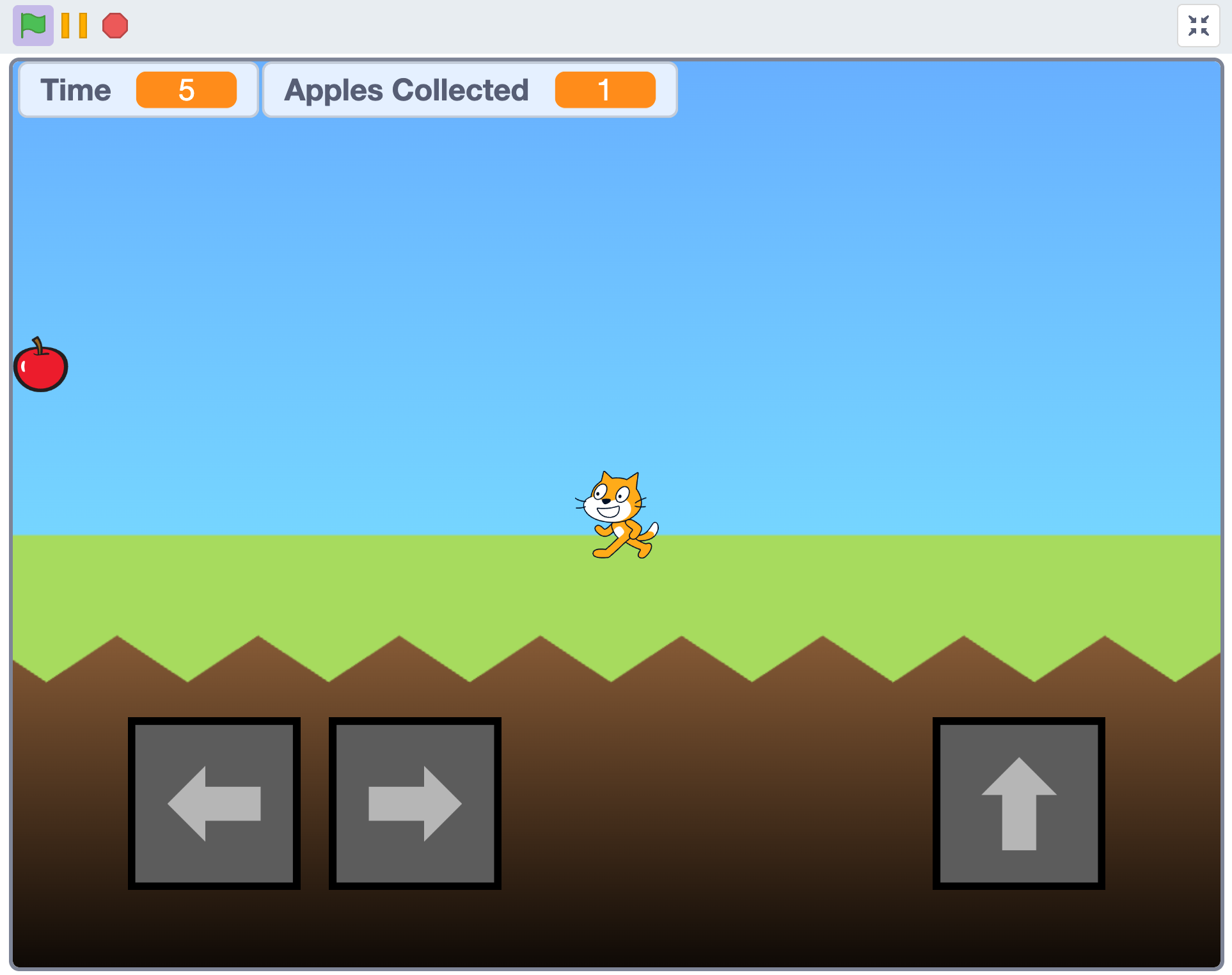 Finished Scratch apple-collection game with score, timer, player, apple, and on-screen controls