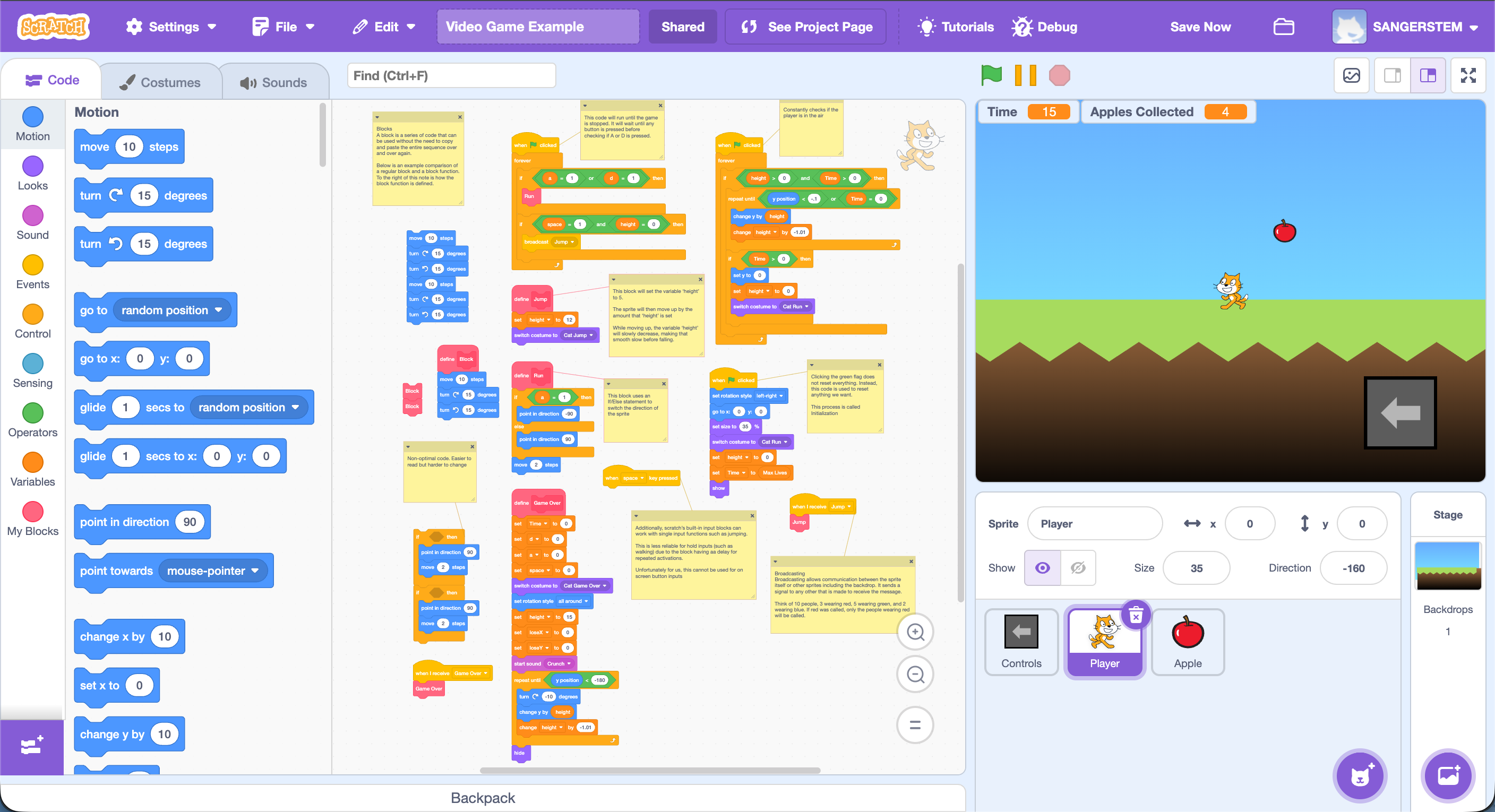 Scratch code for the player movement, jumping, initialization, and game-over sequence