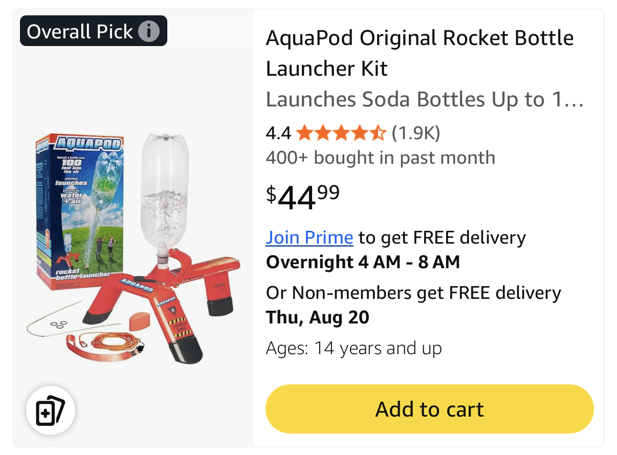 AquaPod bottle rocket launcher listing