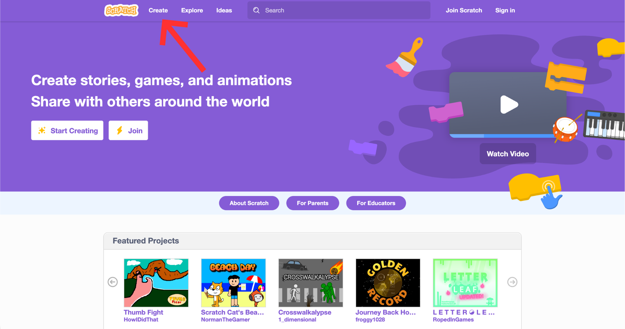 Scratch homepage with the Create button highlighted